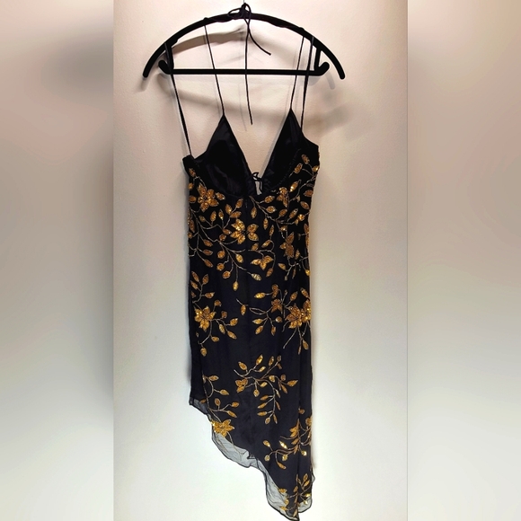 Venus vintage 100% silk golden floral embellished black dress - size medium - Picture 4 of 8